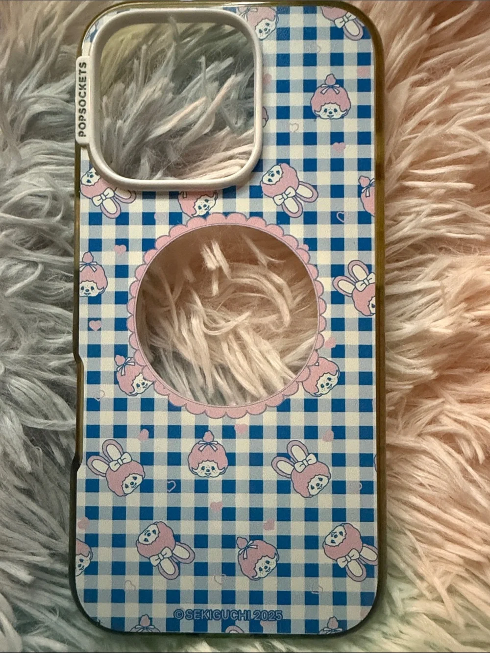 Monchhichi Blue Gingham Pink Character Phone Case with MagSafe pop socket